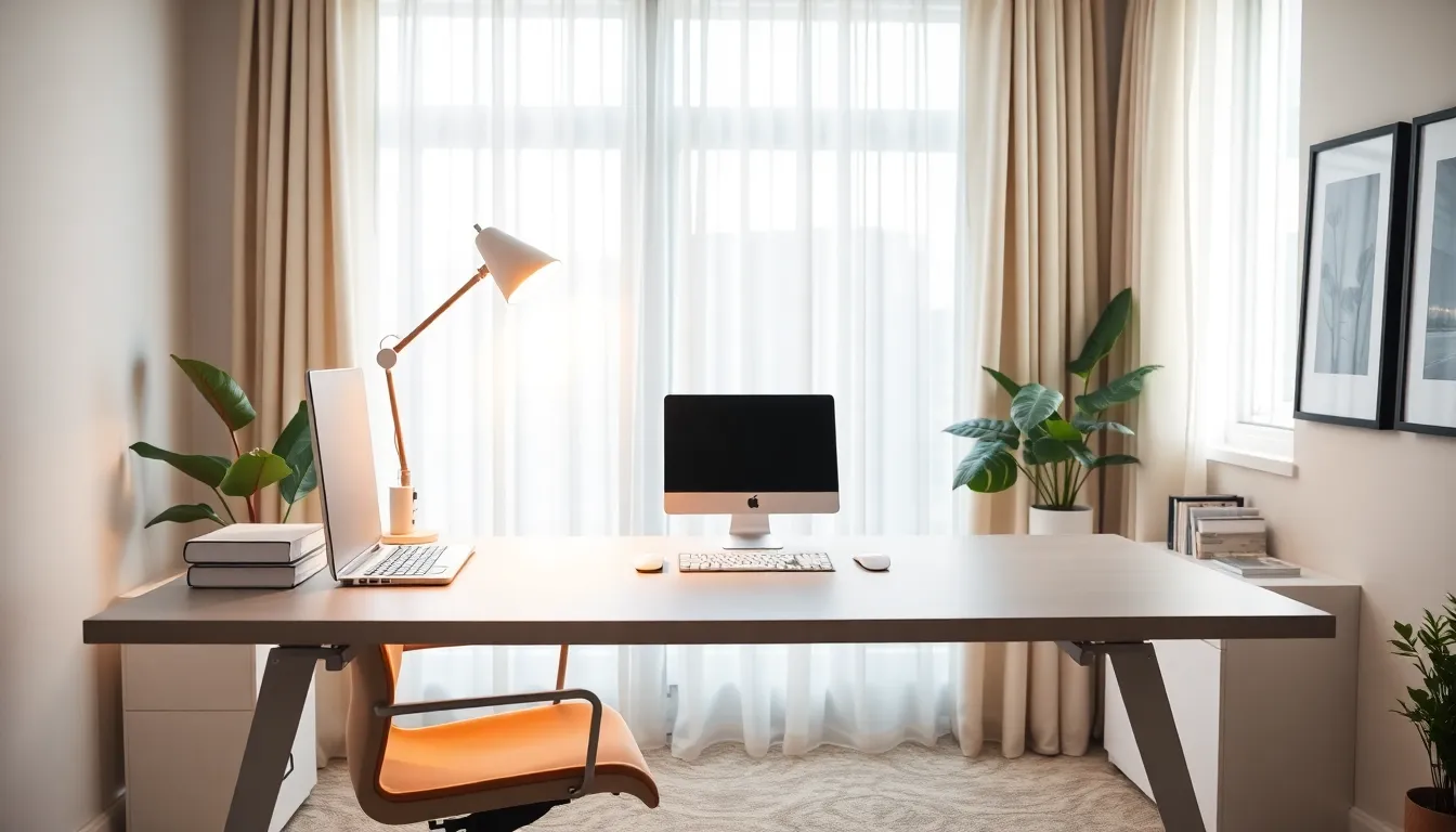 a well-designed home office with natural light and ergonomic furniture.