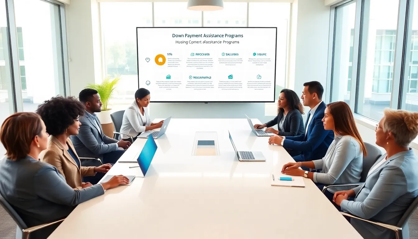 diverse professionals discussing down payment assistance in a modern office setting.