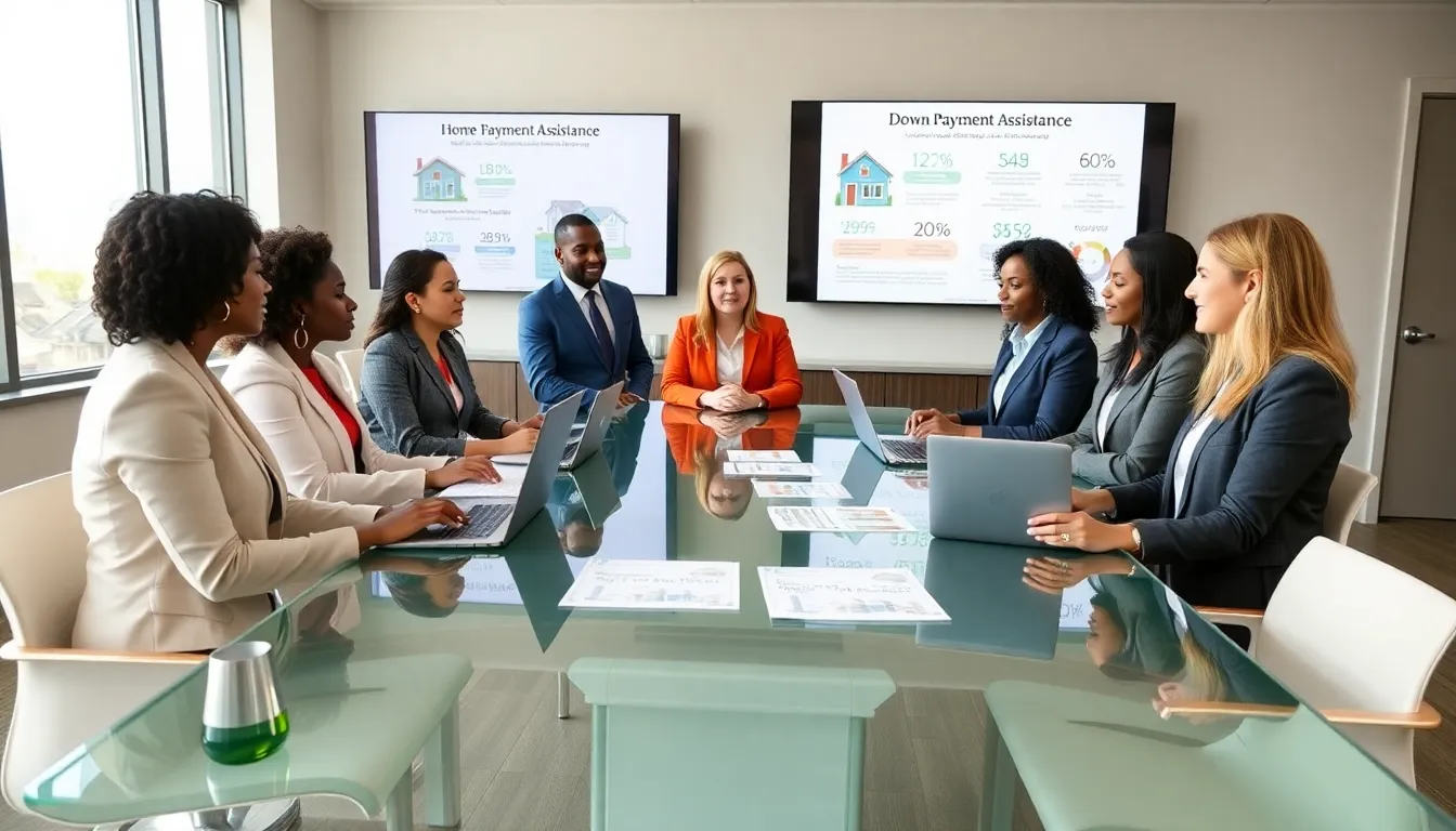 diverse professionals discussing down payment assistance in a modern office.