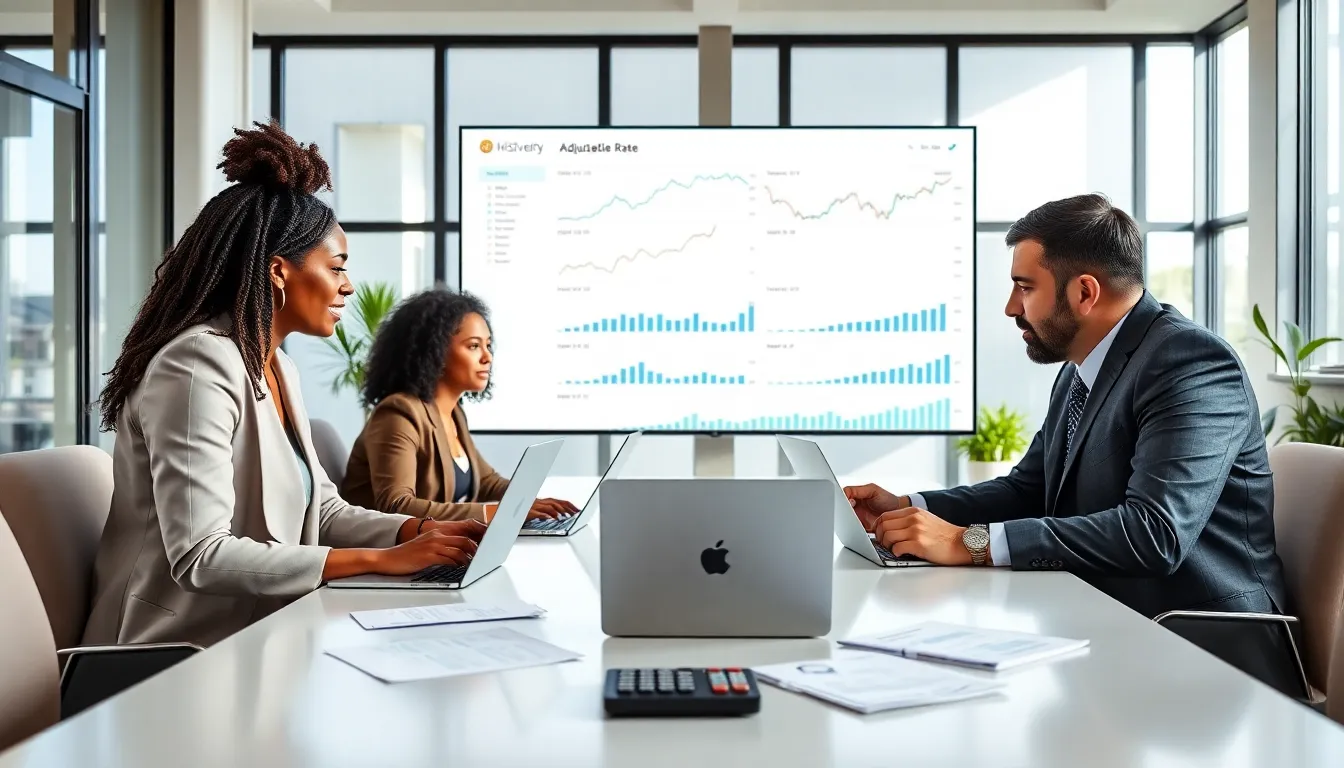 diverse financial advisors discussing adjustable rate mortgages in a modern office.