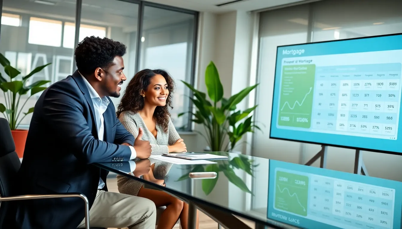banker discussing preferred rate mortgage with diverse clients in modern office.
