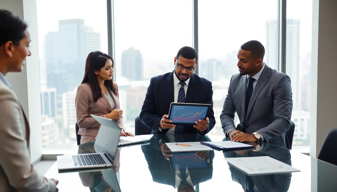 professionals discussing mortgage rates in a modern office.
