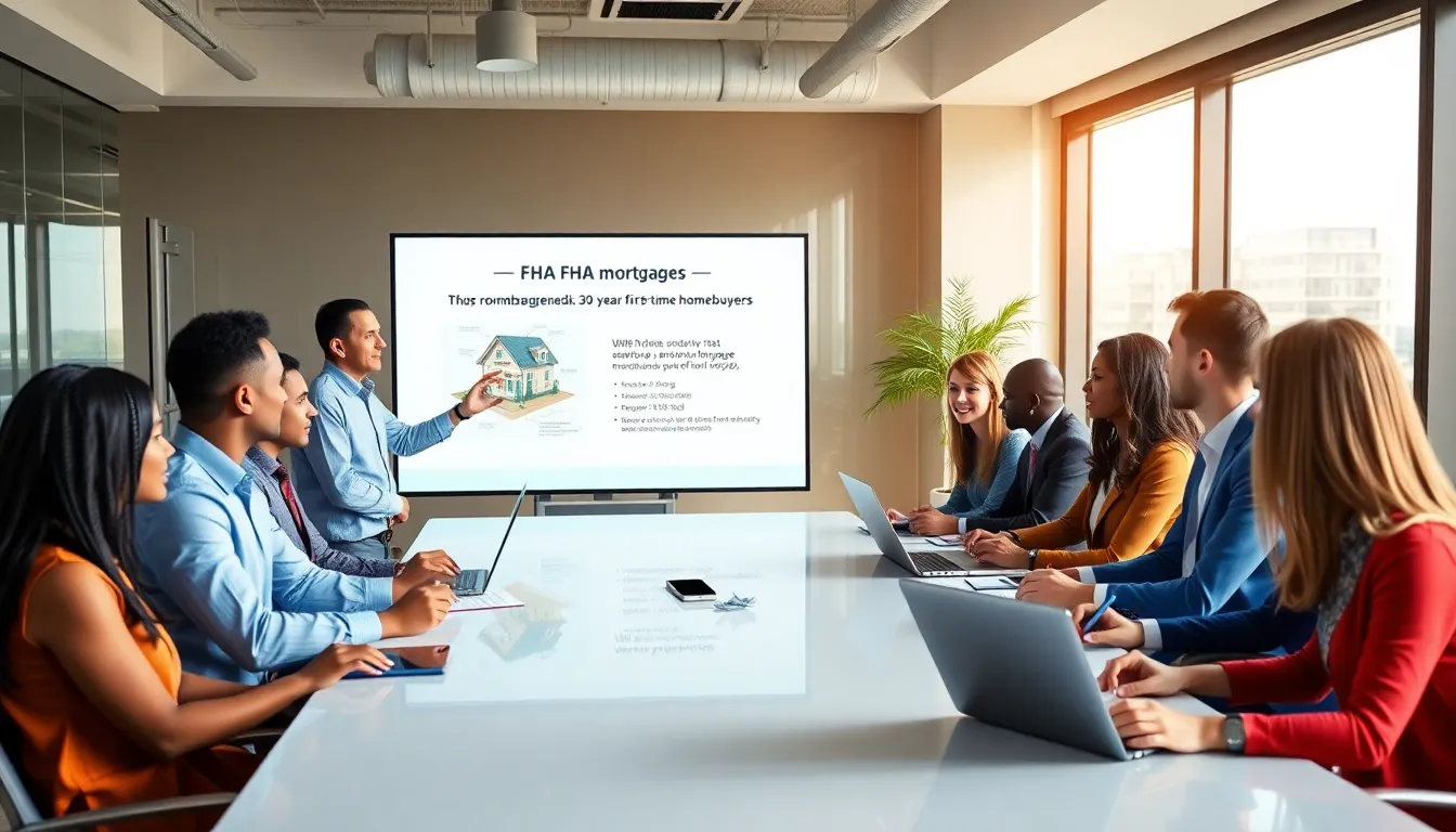 diverse professionals discussing FHA mortgage options in an office setting.