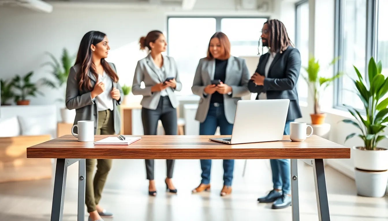 diverse professionals collaborating at a standing desk in a bright office.